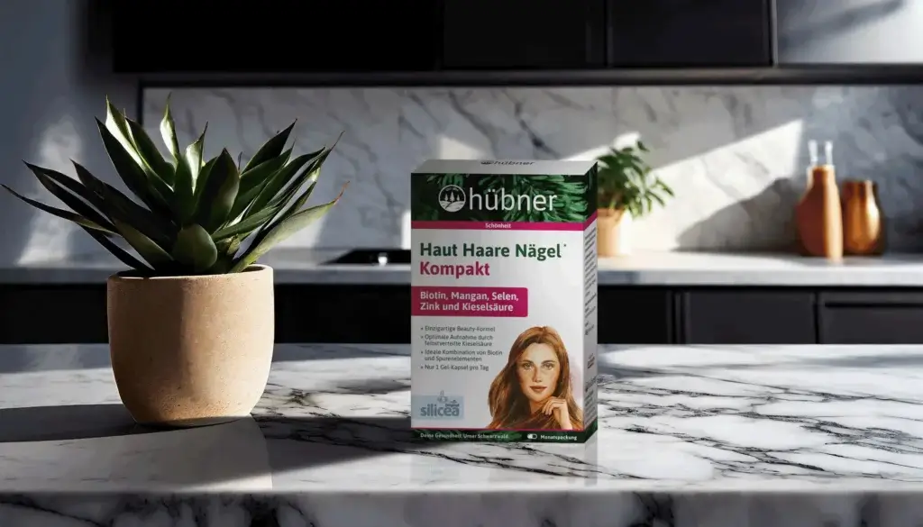Re-Design Packaging Hübner Naturarzneimittel Re-Design des Packaging Designs von Hübner Naturarzneimittel. Der Neue Hochwertige und Moderne Packshot einer Faltschachtel. Oben ein breiter dunkelgrüner Tannen-Hintegrund Streifen mit dem neuen Logo von Hübner. Darunter ein sehr aufgeräumtes und klares design mit dem Namen: Haut Haare Nägel Kompakt. In einem Magenta farbenen Kasten stehen die hauptsächlichen Inhaltsstoffe darunter in kurzen Bullets der nutzen unten Rechts eine Aquarell Zeichnung einer Frau mit gesunden dichten Haar. Der Still ist sehr Realistisch und unterstreicht das Handwerk der Marke Hübner.