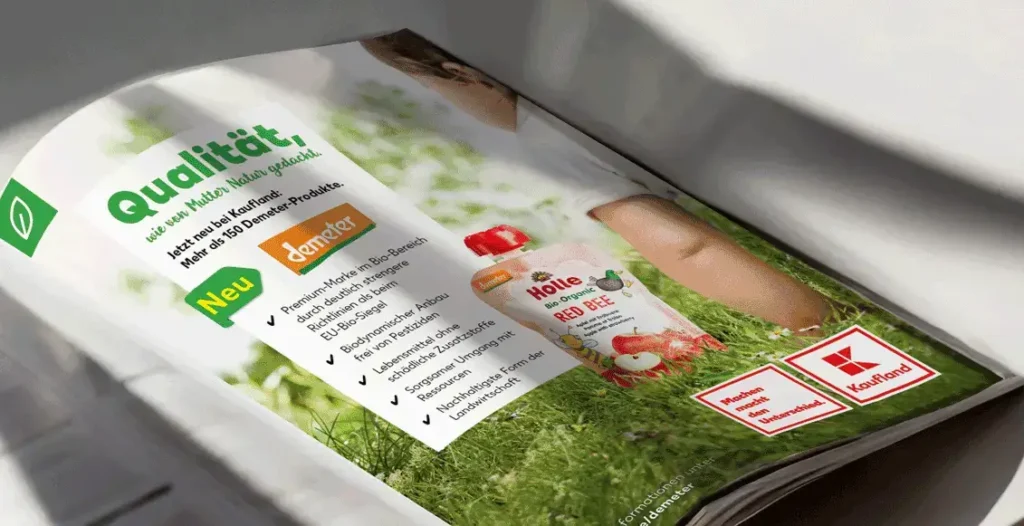 Eine einseitige Anzeige in einer Zeitschrift mit einem Holle Demeter Quetschie  auf einer grünen mit unterschiedlichen Pflanzen bewachsenden Wiese. Rechts unten im Anschnitt sieht man wie gerade ein Kleinkind auf das hochwertige Produkt zukrappelt. Als Überschrift ist zu lesen: Qualität, wie von Mutternatur gedacht