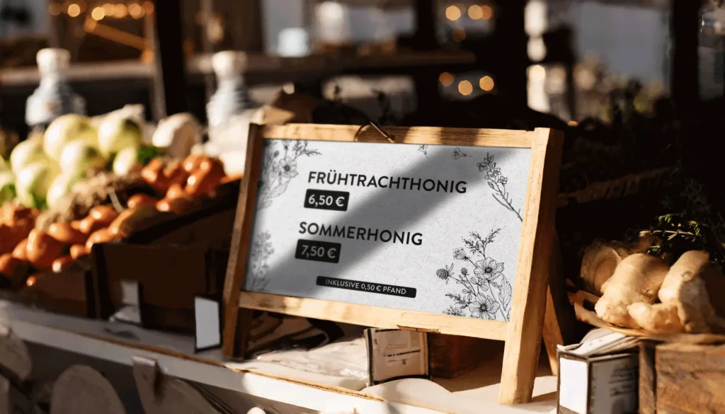 Nachhaltigkeit am POS Nachhaltigkeit am Point of Sale. Wiederverwendbarer Preisaufsteller mit einen Holzrahmen und Vegan Gedruckt auf Recycling papier