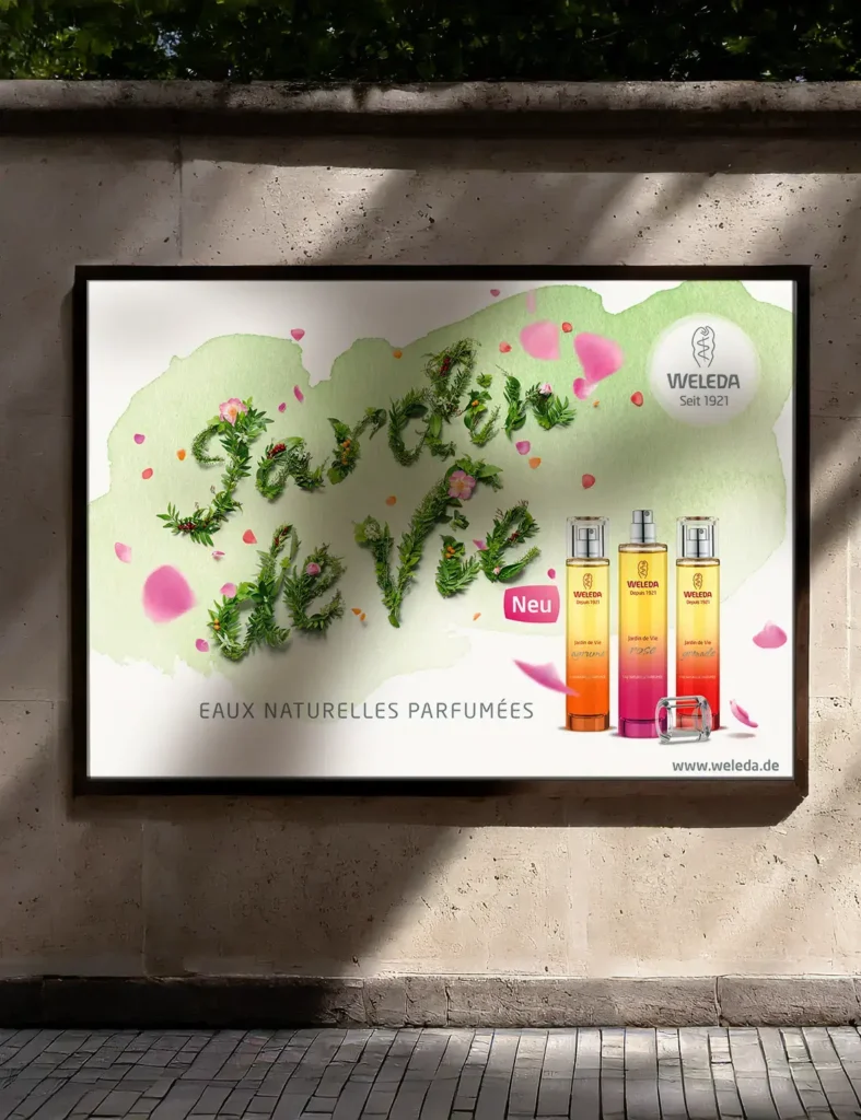 Markenentwicklung für nachhaltige Produkte. Out of Home mit einem aus Blumen gelegten Schriftzug, der Jardin de Vie zeigt. Ein paar Blätter fliegen leicht durch die Luft