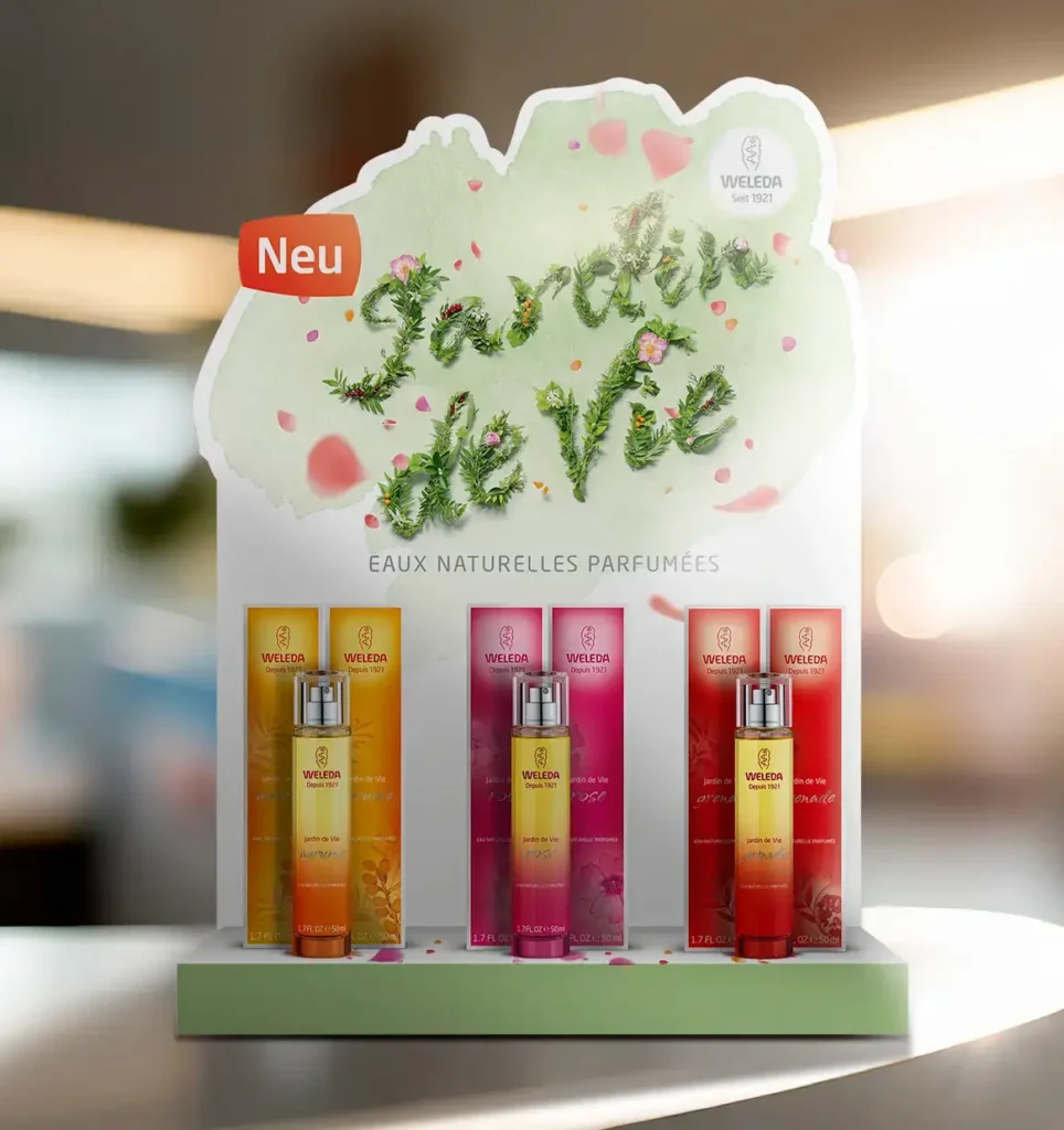 Markenentwicklung internationalen Produkt Launch. Ponit of Sale Thekenaufsteller mit einem aus Blumen gelegten Schriftzug, der Jardin de Vie zeigt. Ein paar Blätter fliegen leicht durch die Luft